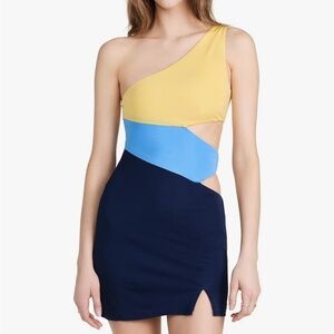 NWOT STAUD Letta dress - cool ocean Colorblock One-Shoulder - size S